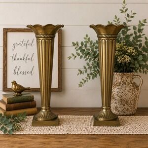 Vintage 2003 Market Bazaar Target Brass Vases Pair 20"  India Fluted Pedestal